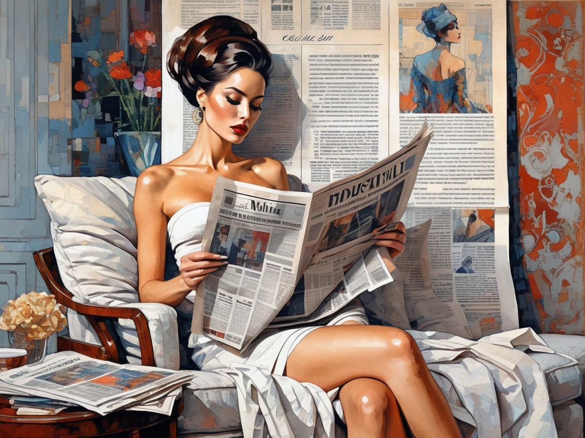Elegant Woman Reading Newspaper in Cozy Setting