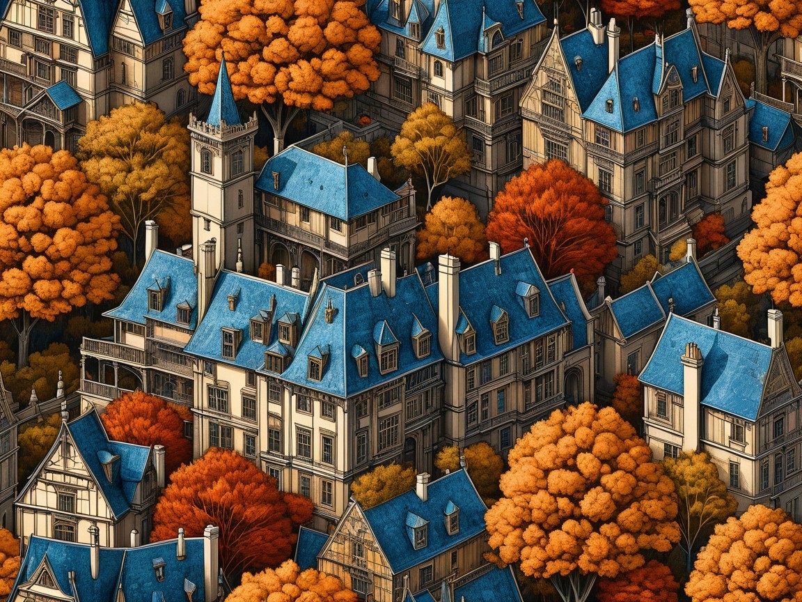 Aerial View of a Quaint Village in Autumn Colors