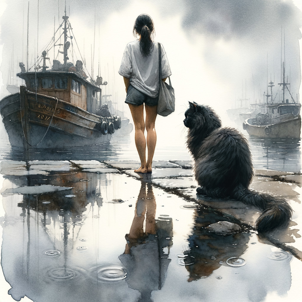 Girl in White Shirt at Misty Harbor with Cat
