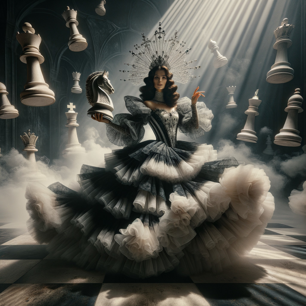 Queen in Lavish Gown on Checkered Chessboard