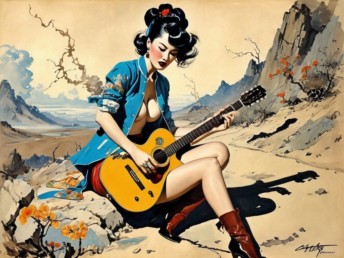Woman with Black Hair Playing Yellow Guitar in Landscape