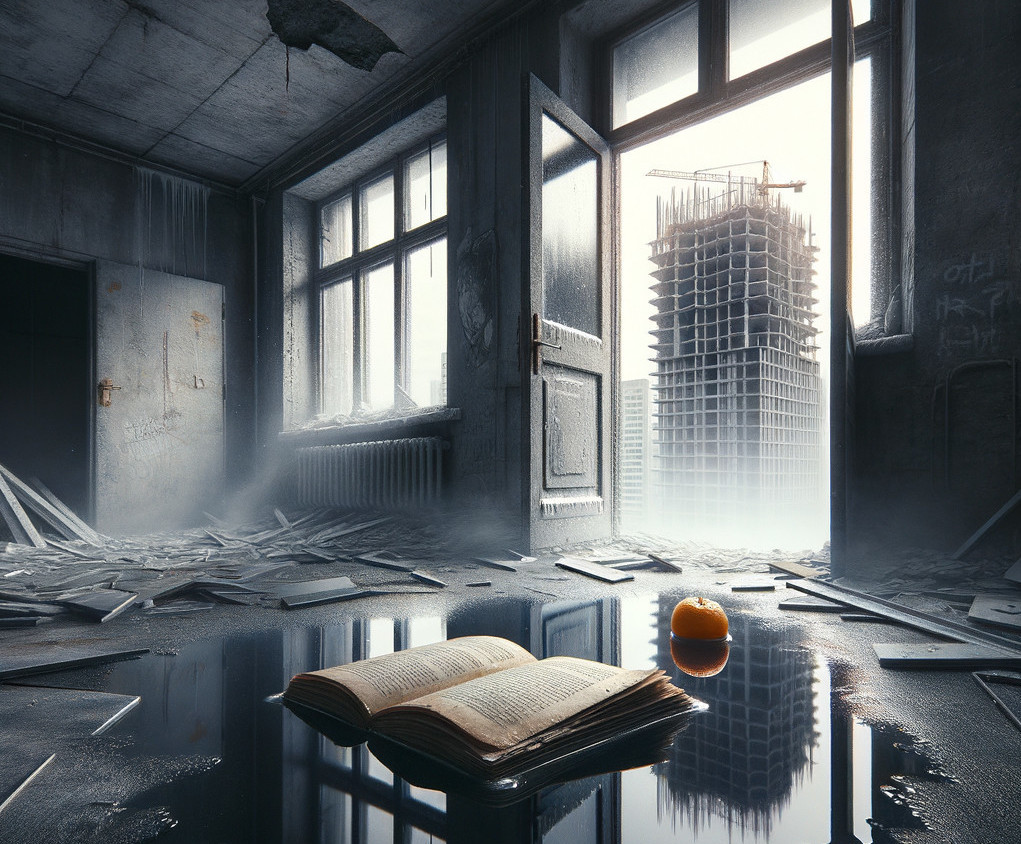 Desolate room with debris and open book in water