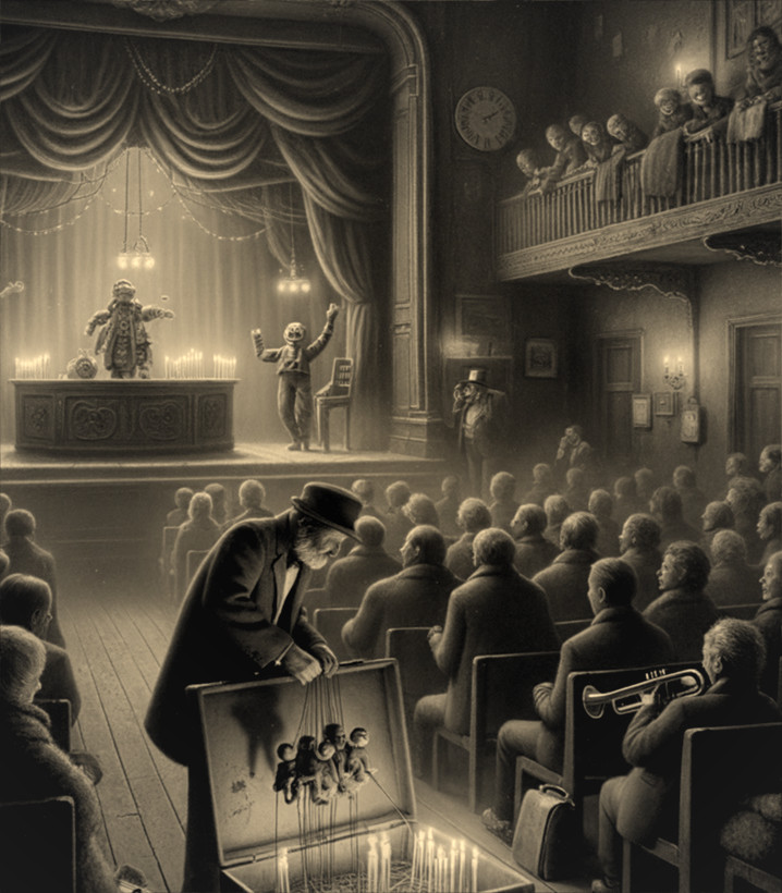 Dimly Lit Theater Scene with Puppets and Audience
