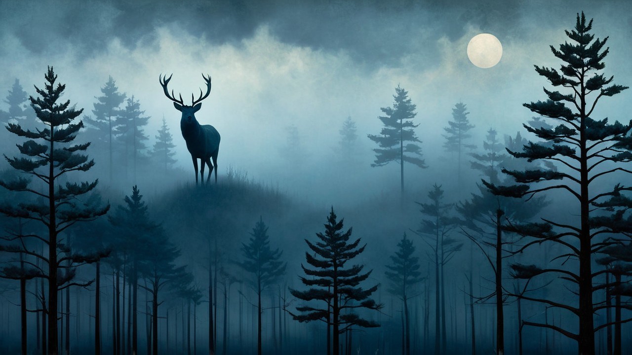 Silhouetted Deer on a Misty Forest Hill at Night