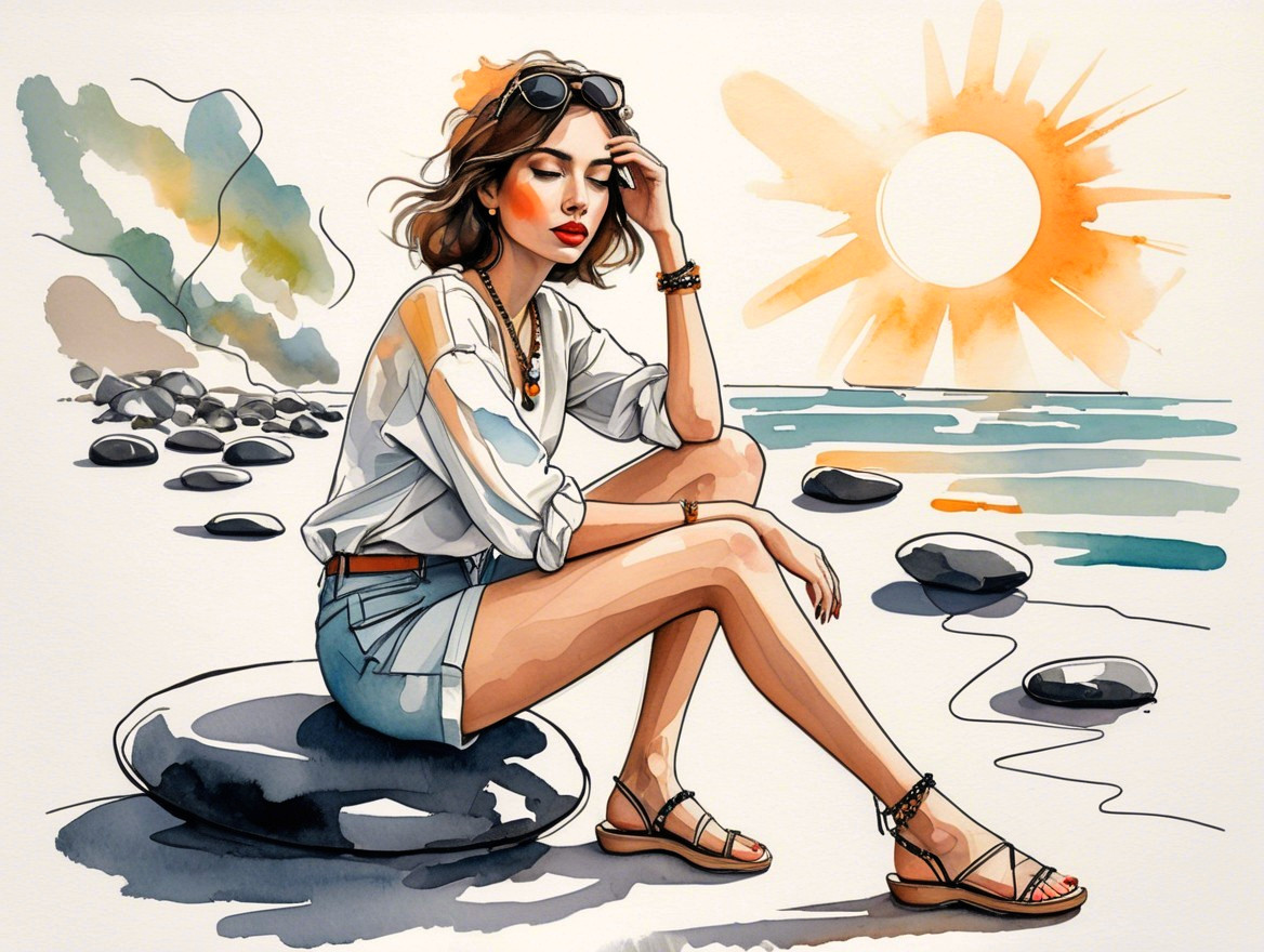 Stylish Woman by Seaside at Sunset on a Rock