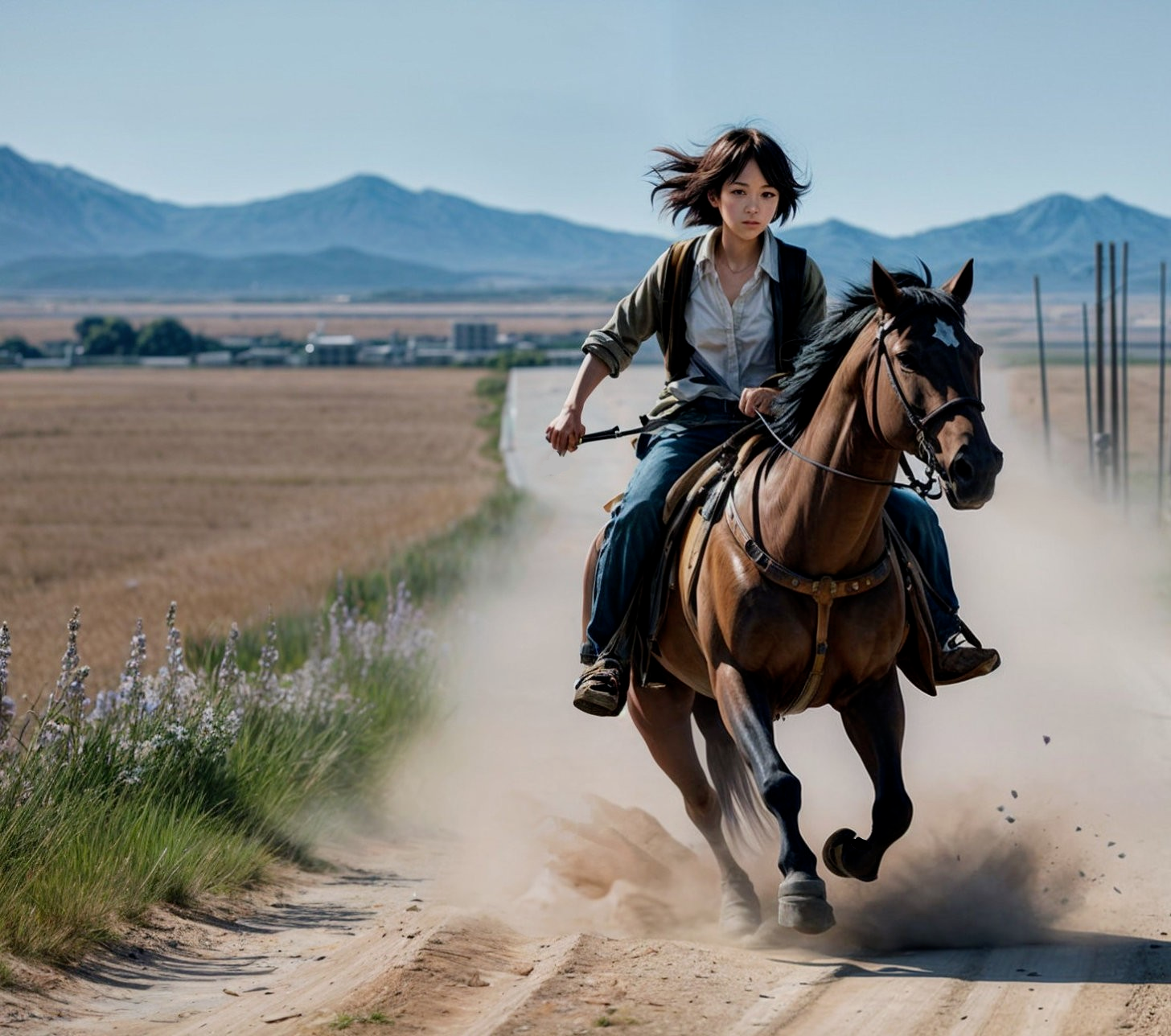 Young Rider Galloping on Horse Through Scenic Fields