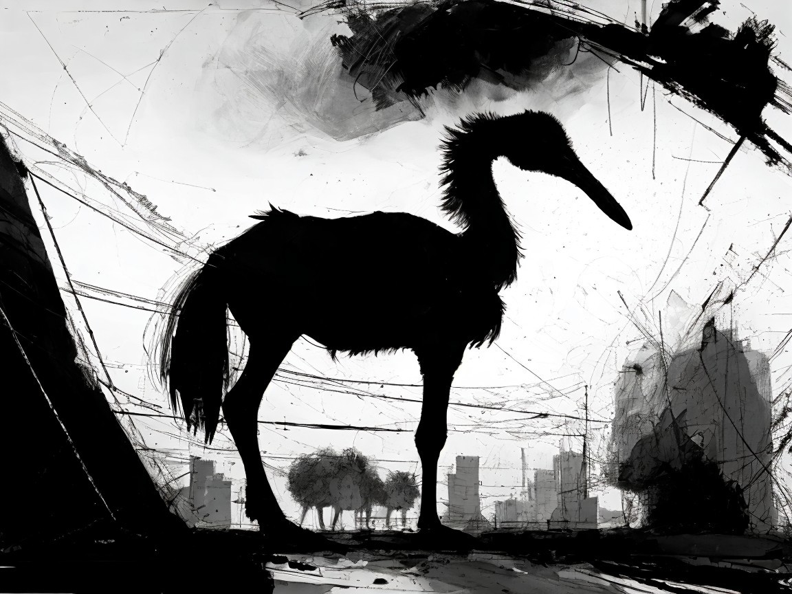 Silhouetted Bird Against Dark Clouds and Cityscape