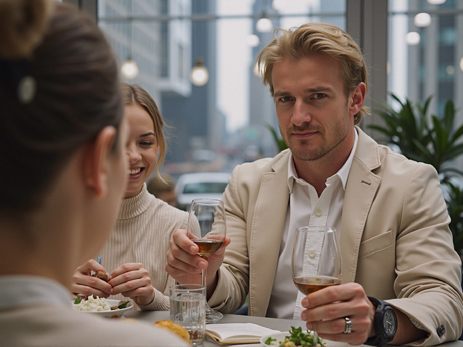 Stylish Man in Beige Suit Toasting at Restaurant Table