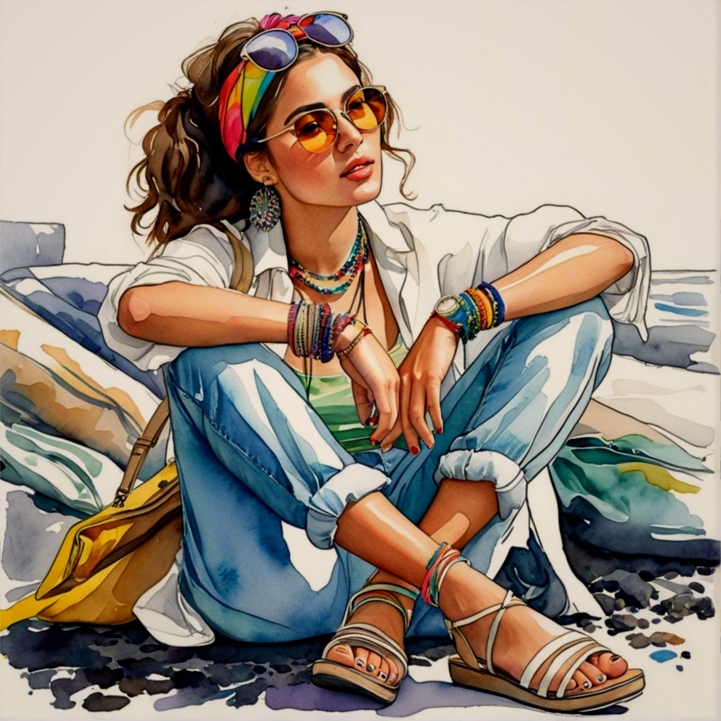 Stylish Young Woman in Chic Bohemian Outfit on Rocks
