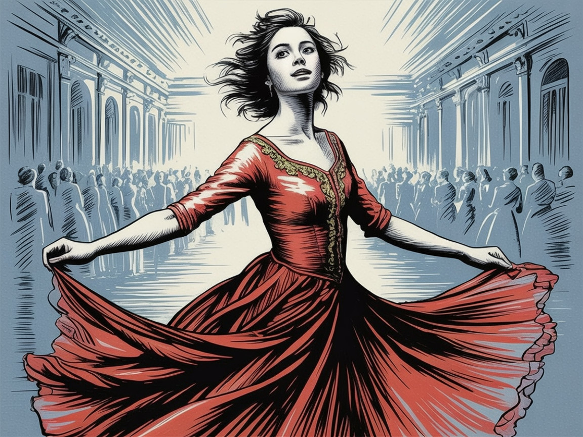 Woman in Red Dress Twirling in Grand Hall Scene