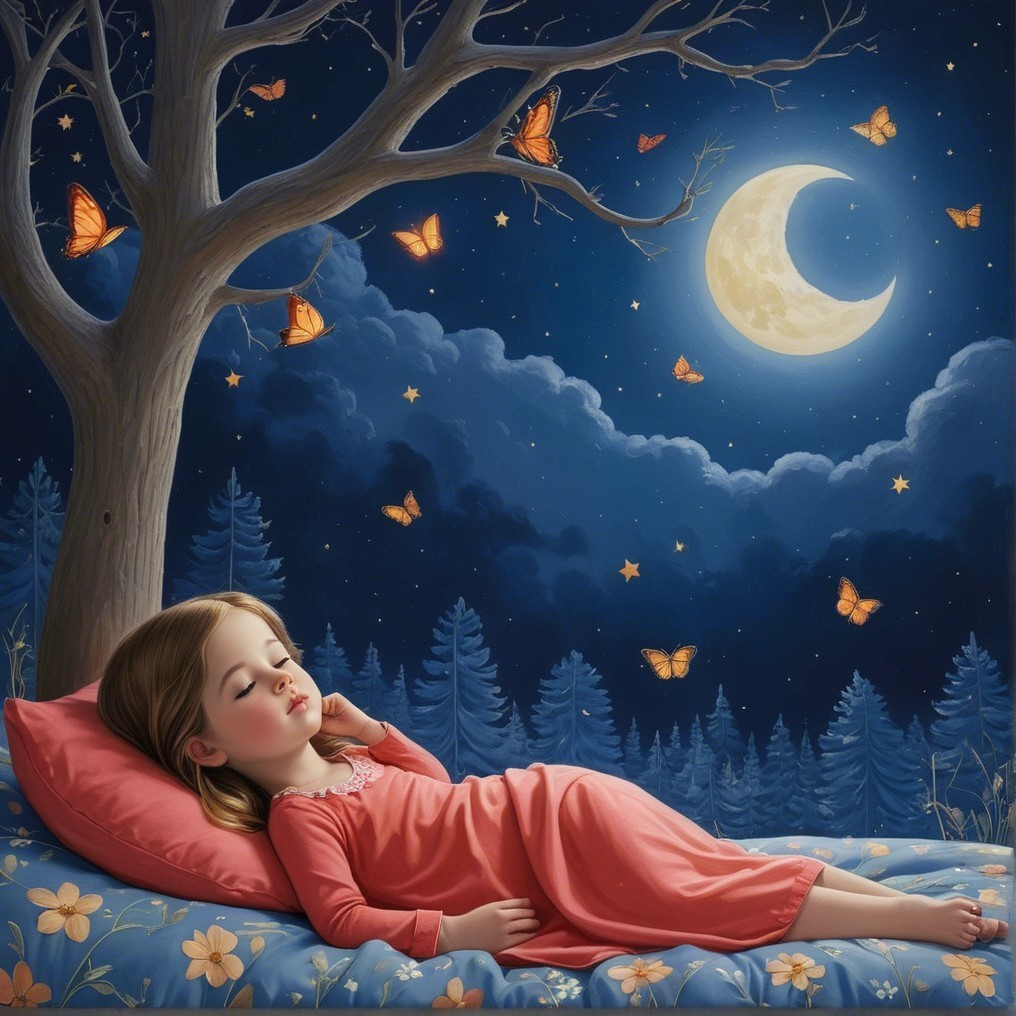 Serene Night Scene with Girl Sleeping on Blue Bed