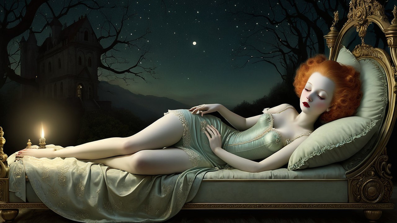 Serene Woman with Red Hair in Vintage Bed Setting