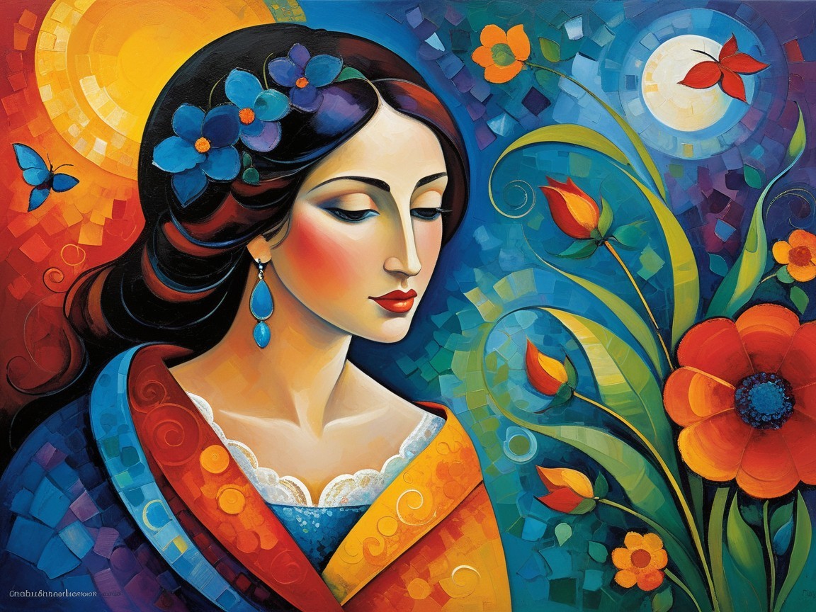 Colorful Painting of Woman with Flowers and Butterflies