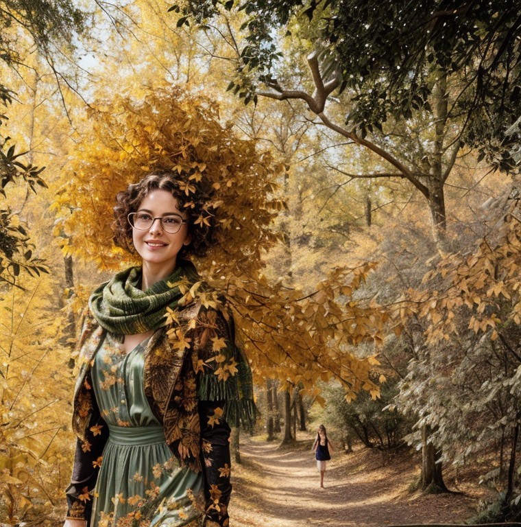 Woman in a forest with autumn leaves crown and dress