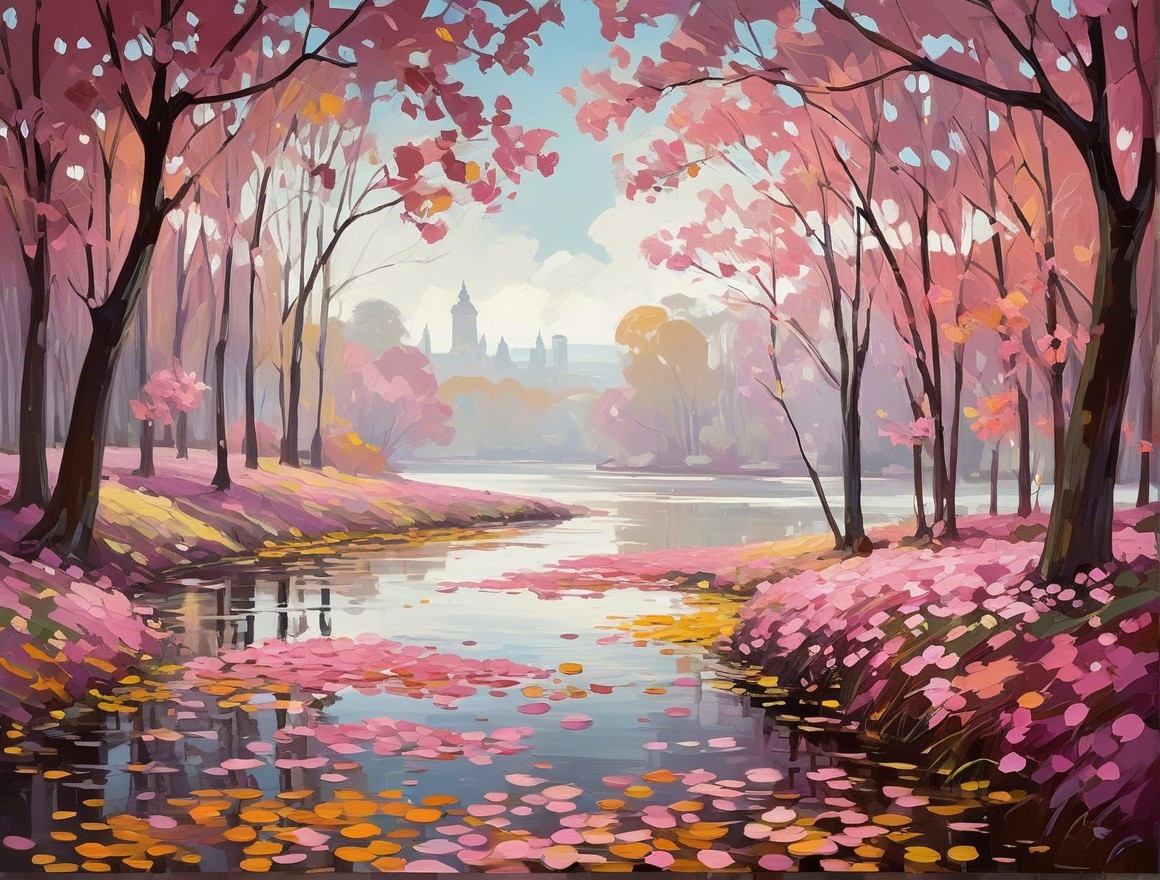 Tranquil River in a Vibrant Pink Tree Landscape