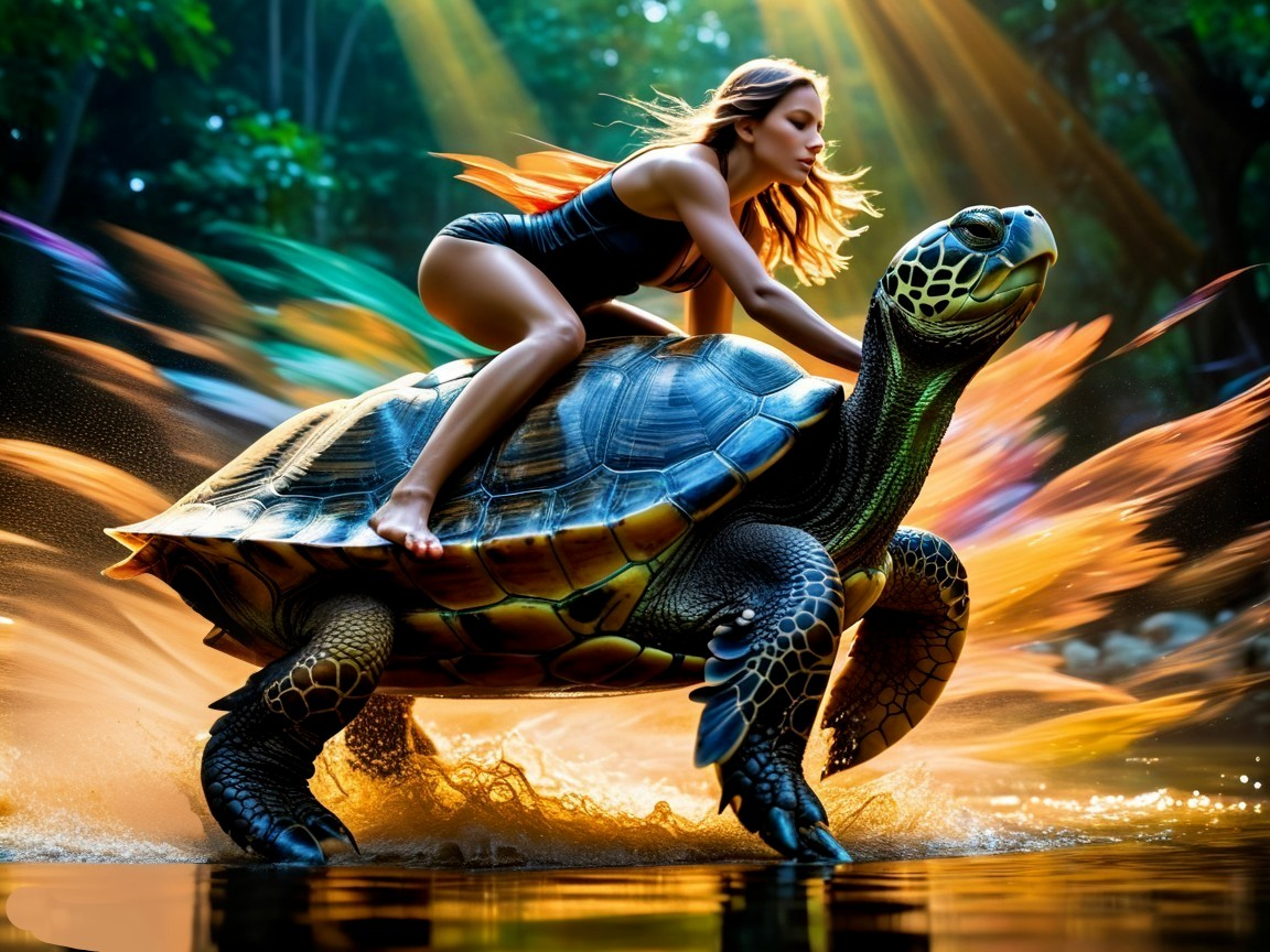 Woman Riding Giant Turtle in Colorful Forest Scene