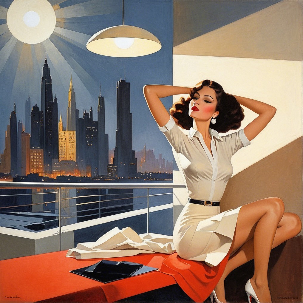 Stylish Woman on Balcony with City Skyline View