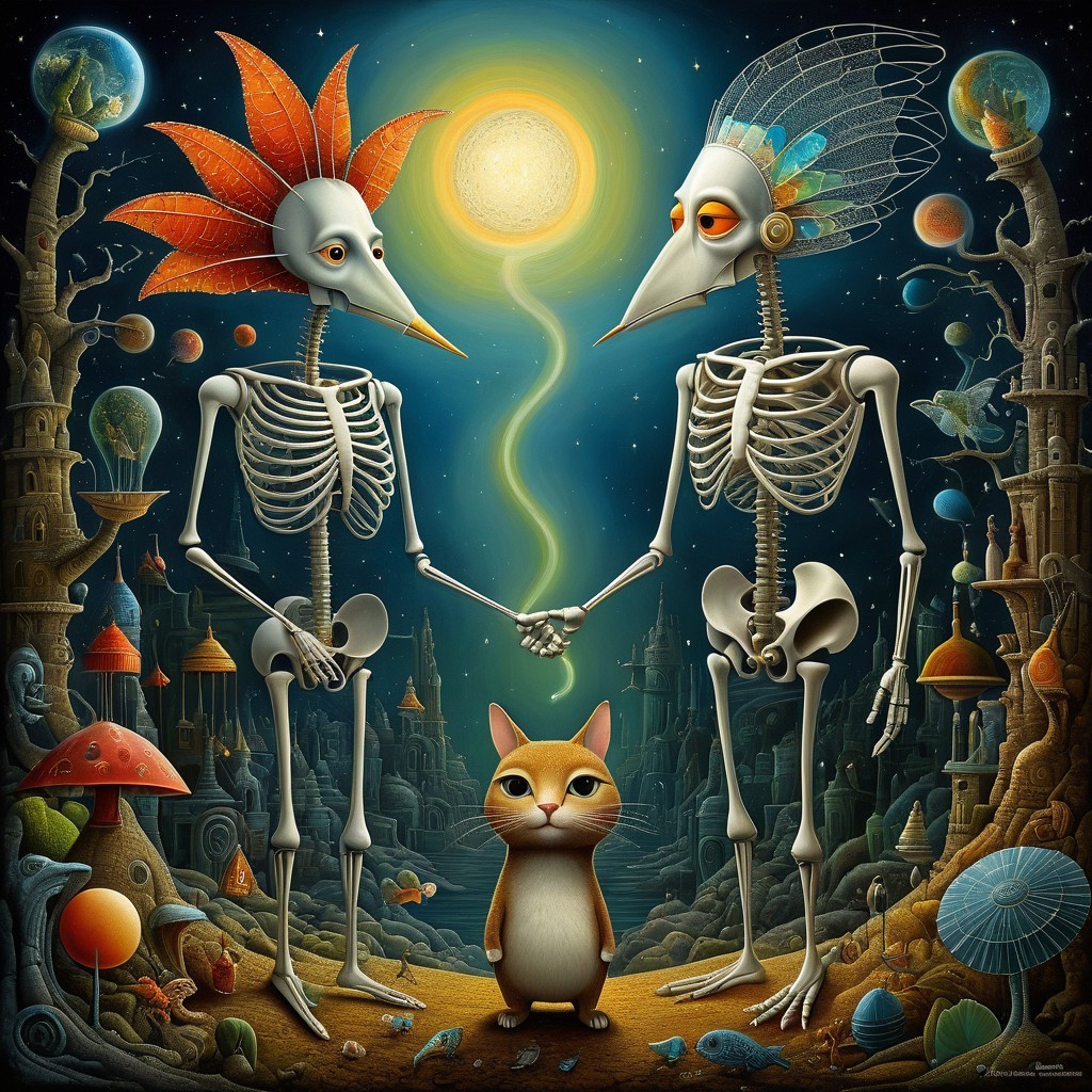 Surreal Landscape with Skeletal Figures and Cat