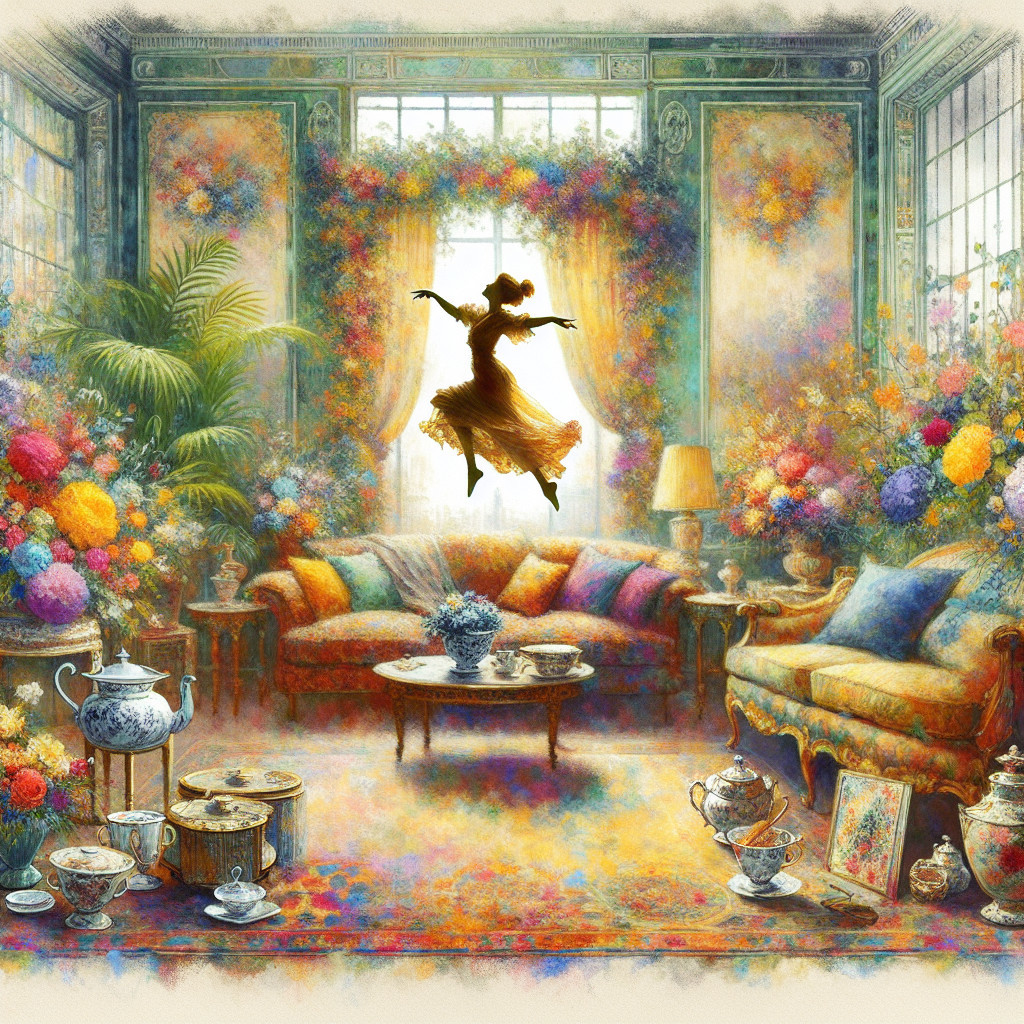 Vibrant Living Room with Flowers and Dancer Silhouette