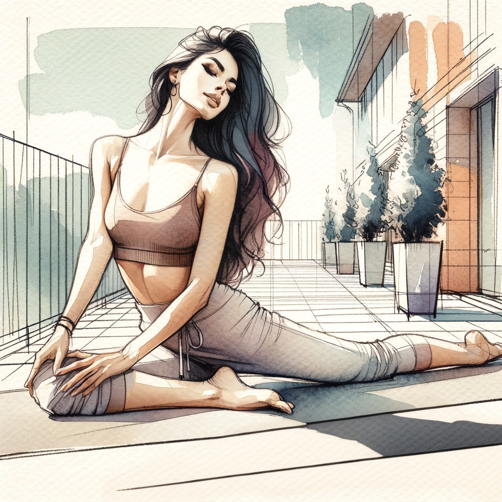 Woman in Yoga Pose on Modern Balcony with Plants