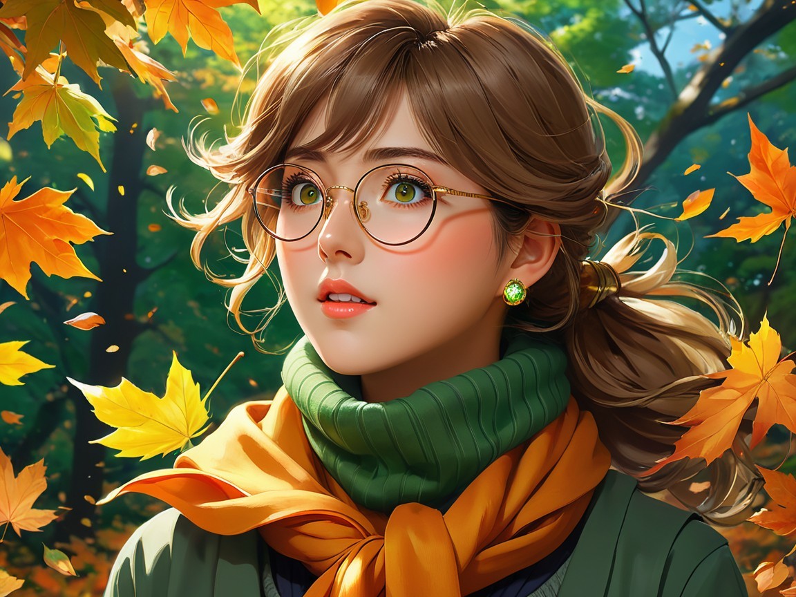 Young woman in autumn leaves with cozy attire