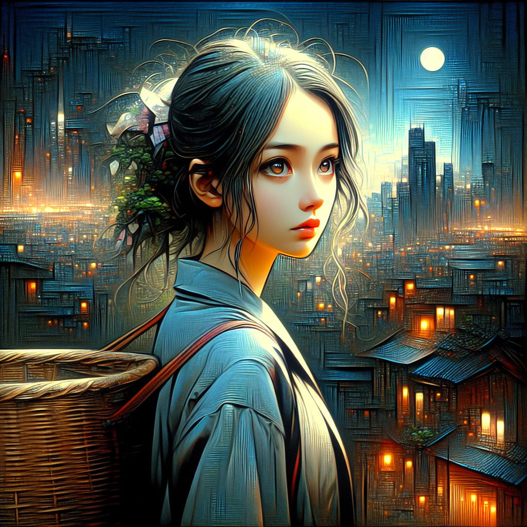 Moonlit Cityscape with a Young Woman in Kimono