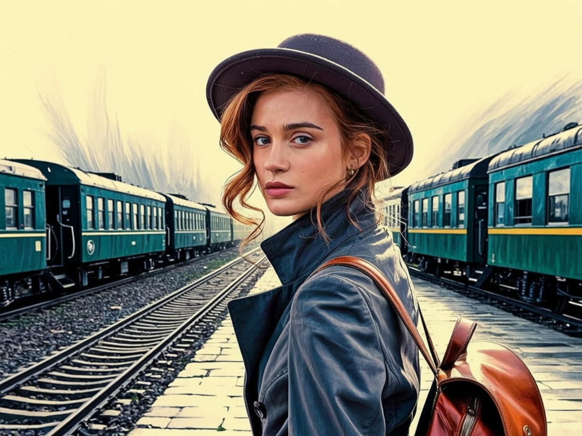 Young woman in stylish hat on vintage train platform