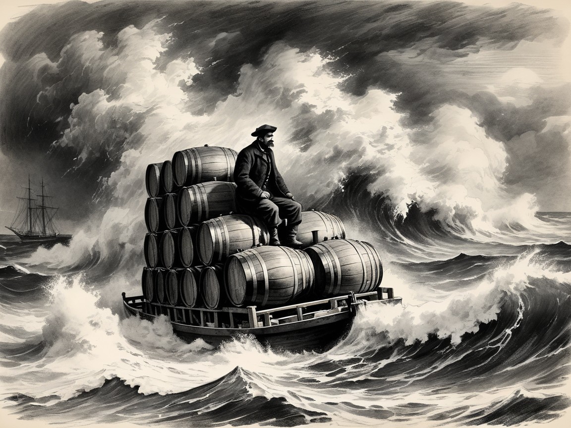 Ink drawing of a man on barrels in stormy sea