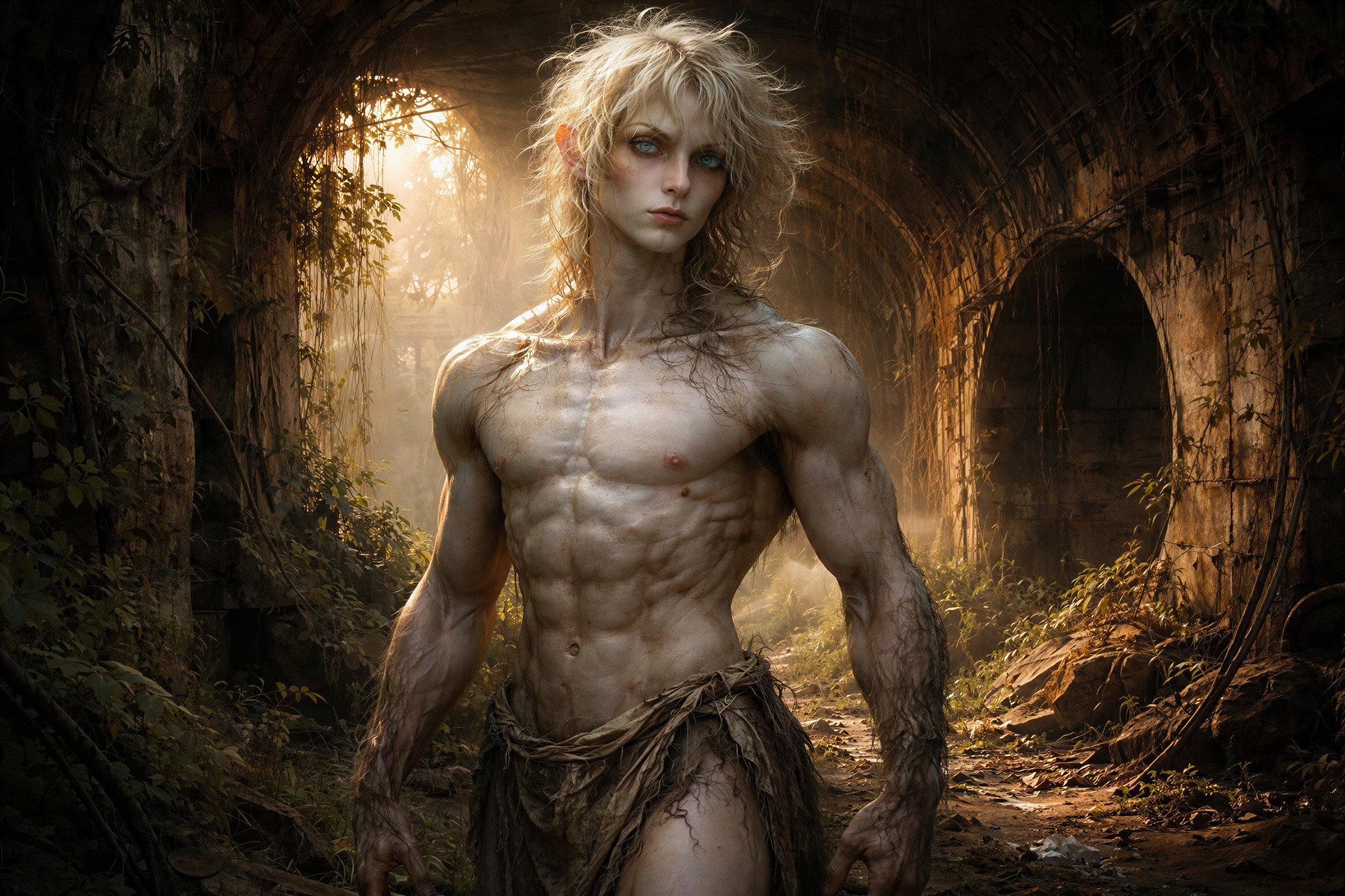 Muscular Shirtless Man in Overgrown Tunnel Setting