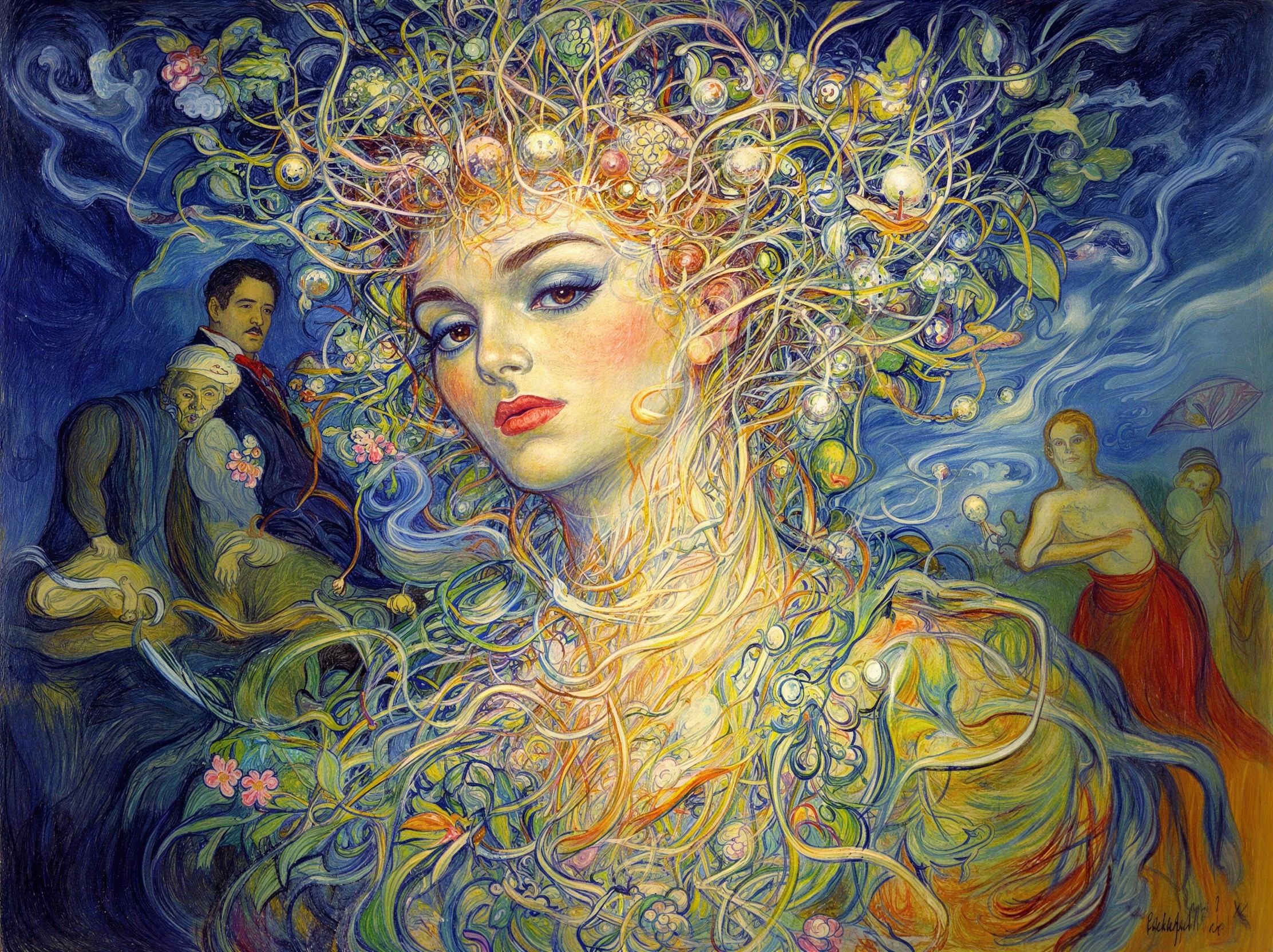 Vibrant Painting of Woman with Nature-Inspired Hair