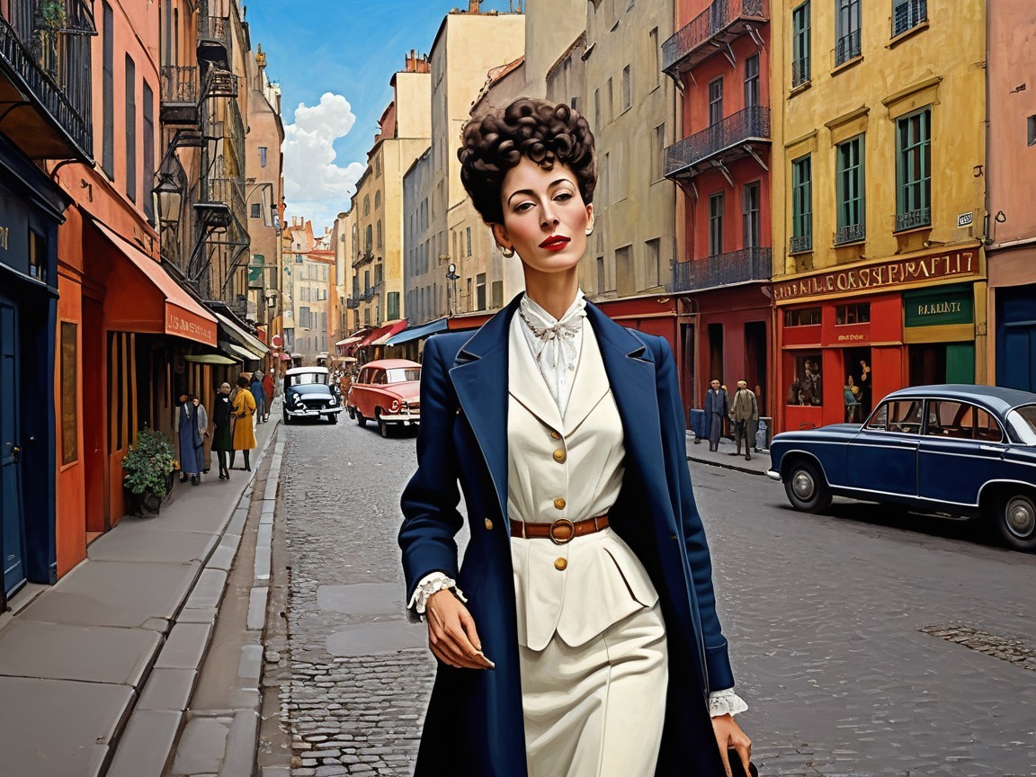 Fashionable Woman in Cream Suit on European Street