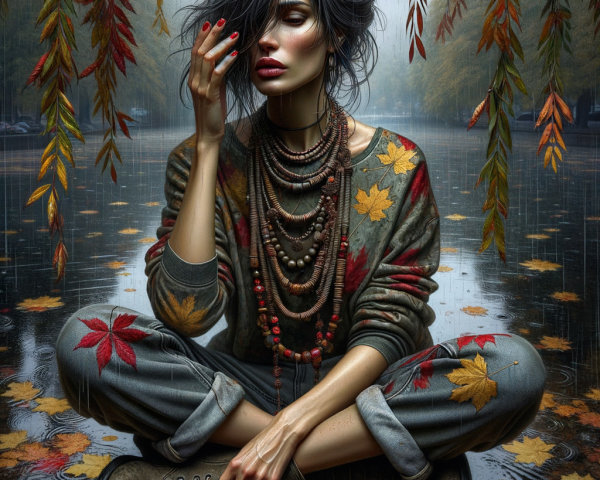 Woman by Rain-Soaked Lake Surrounded by Autumn Leaves
