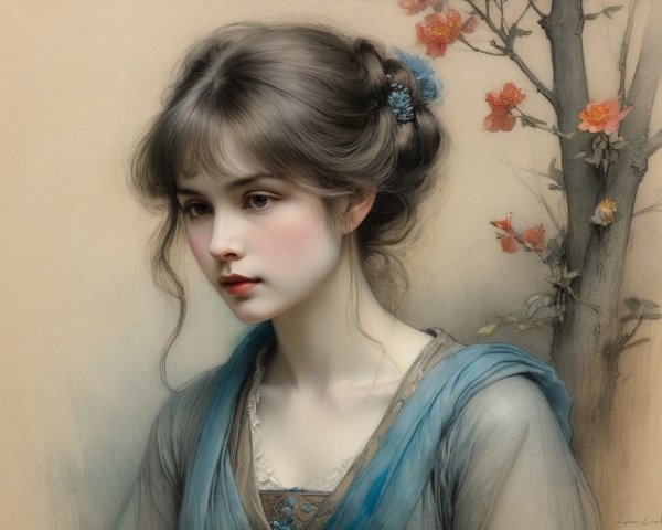 Young woman in blue attire surrounded by cherry blossoms