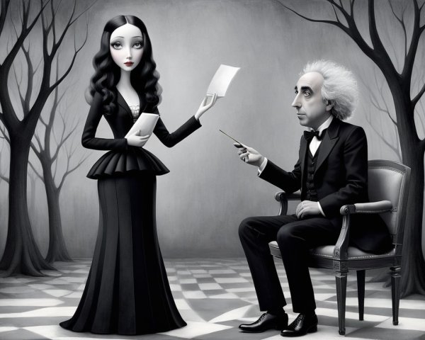 Whimsical Black-and-White Scene with Dramatic Figures