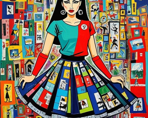 Vibrant Artwork of a Stylized Woman in Eclectic Collage