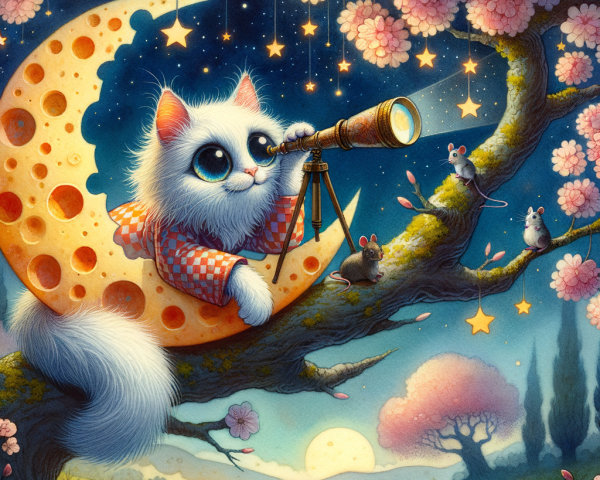 Fluffy White Cat on Crescent Moon with Cherry Blossoms