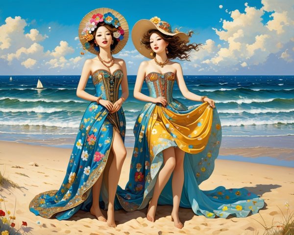 Elegant Women in Floral Gowns on a Beach Scene