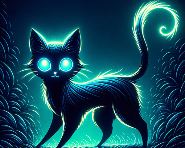 Glowing Cat in Dark Whimsical Landscape