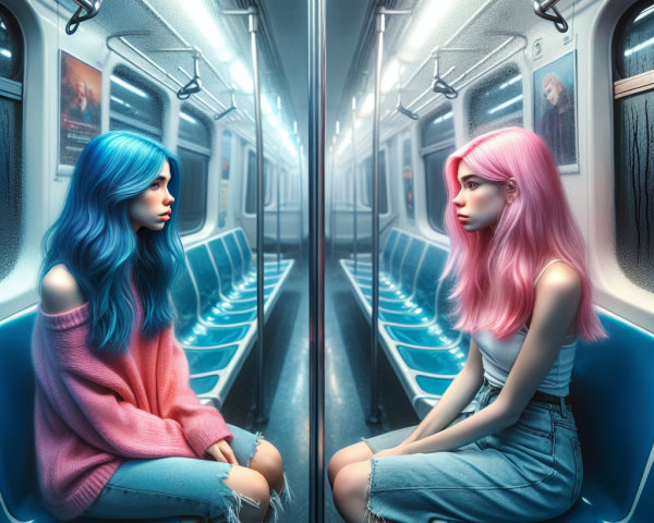 Subway Car Scene with Girls and Vibrant Hair Colors