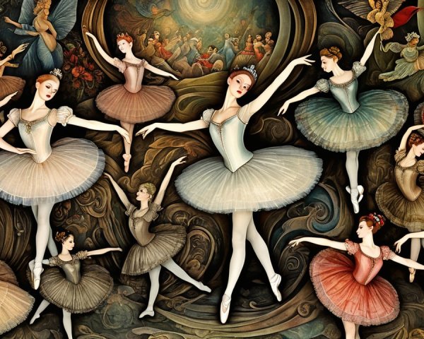 Vibrant Artwork of Ballet Dancers in Colorful Tutus