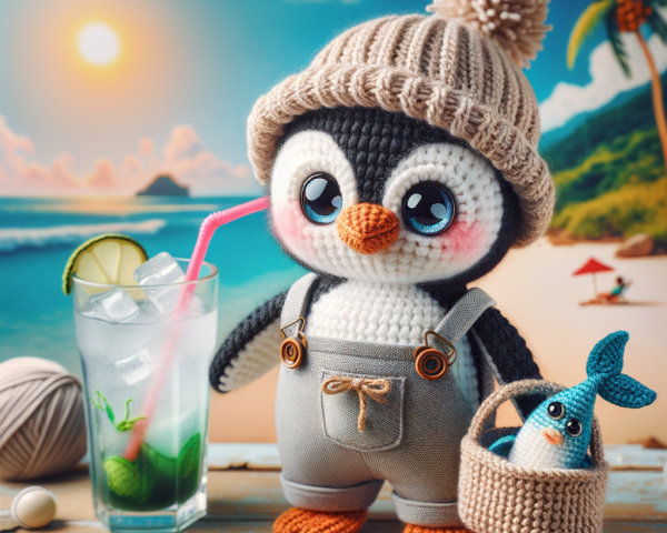 Handcrafted Penguin Plush on Beach with Tropical Elements