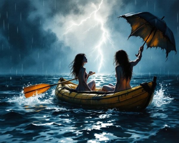 Stormy Night with Two Figures in a Yellow Boat
