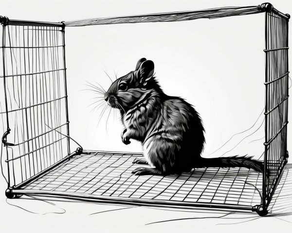 Black-and-white illustration of a small rodent in a cage