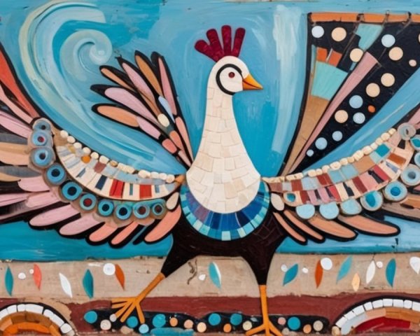 Colorful Mural of Stylized Bird with Mosaic Patterns