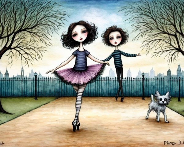 Whimsical Park Scene with Girl, Boy, and Dog