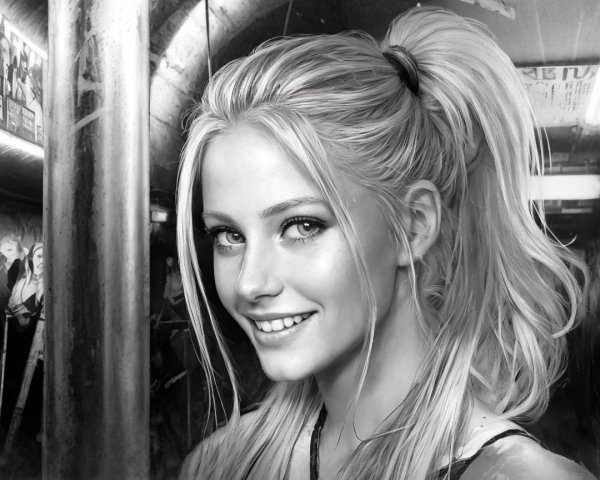 Black-and-white portrait of a smiling young woman