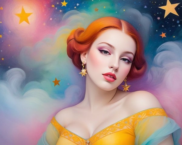 Young woman with orange curls in colorful setting