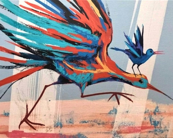 Vibrant Stylized Birds in Dynamic Motion Artwork