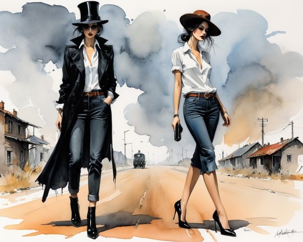 Stylish Women in Bold Fashion on Deserted Road