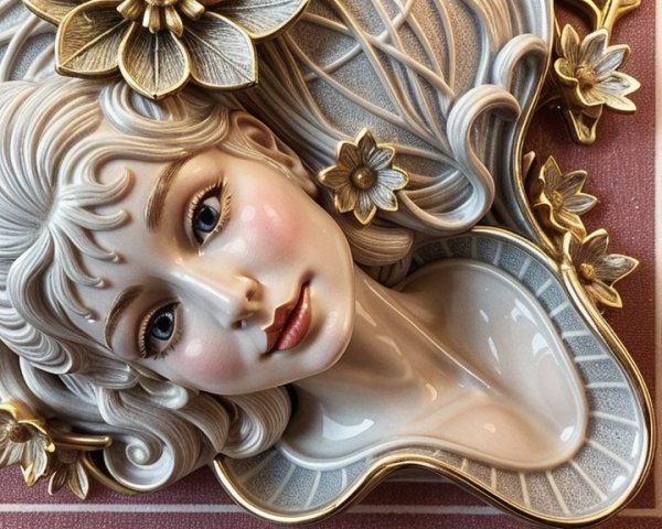 Relief Sculpture of a Woman's Face with Flowers